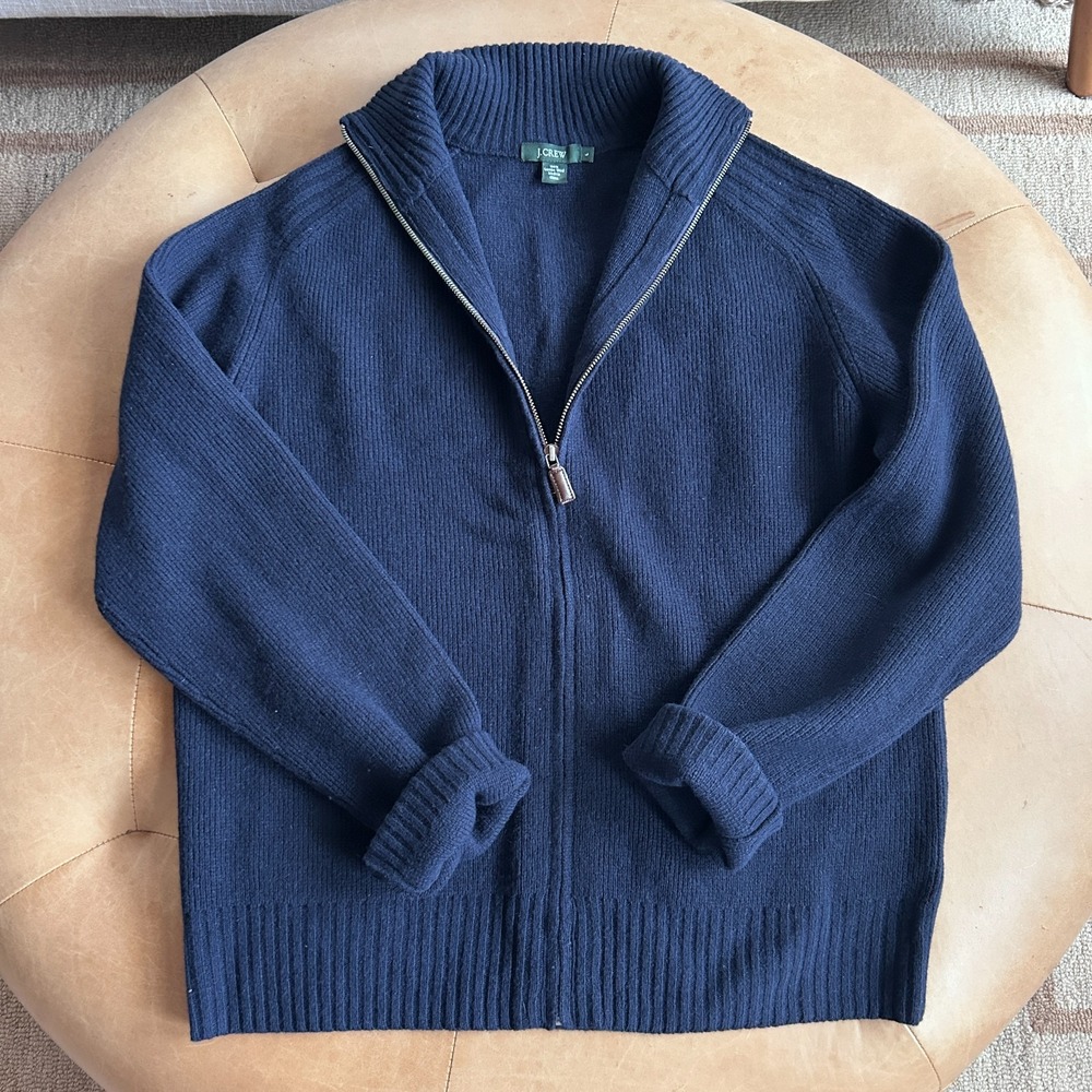 J Crew Vintage Y2K Lambswool Mock Neck Cardigan Sweater Womens L Blue Preppy